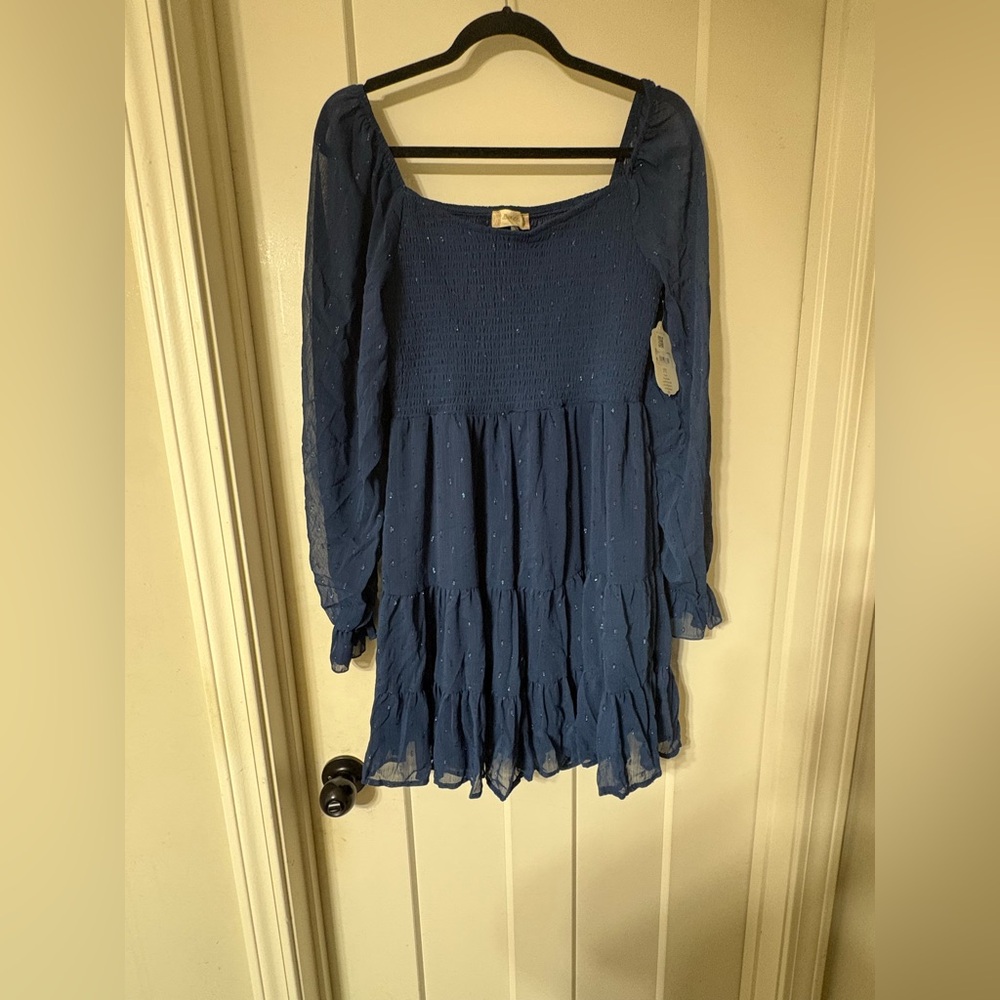 Altar'd State Navy Blue Sparkle Long Sleeve Tiered Dress